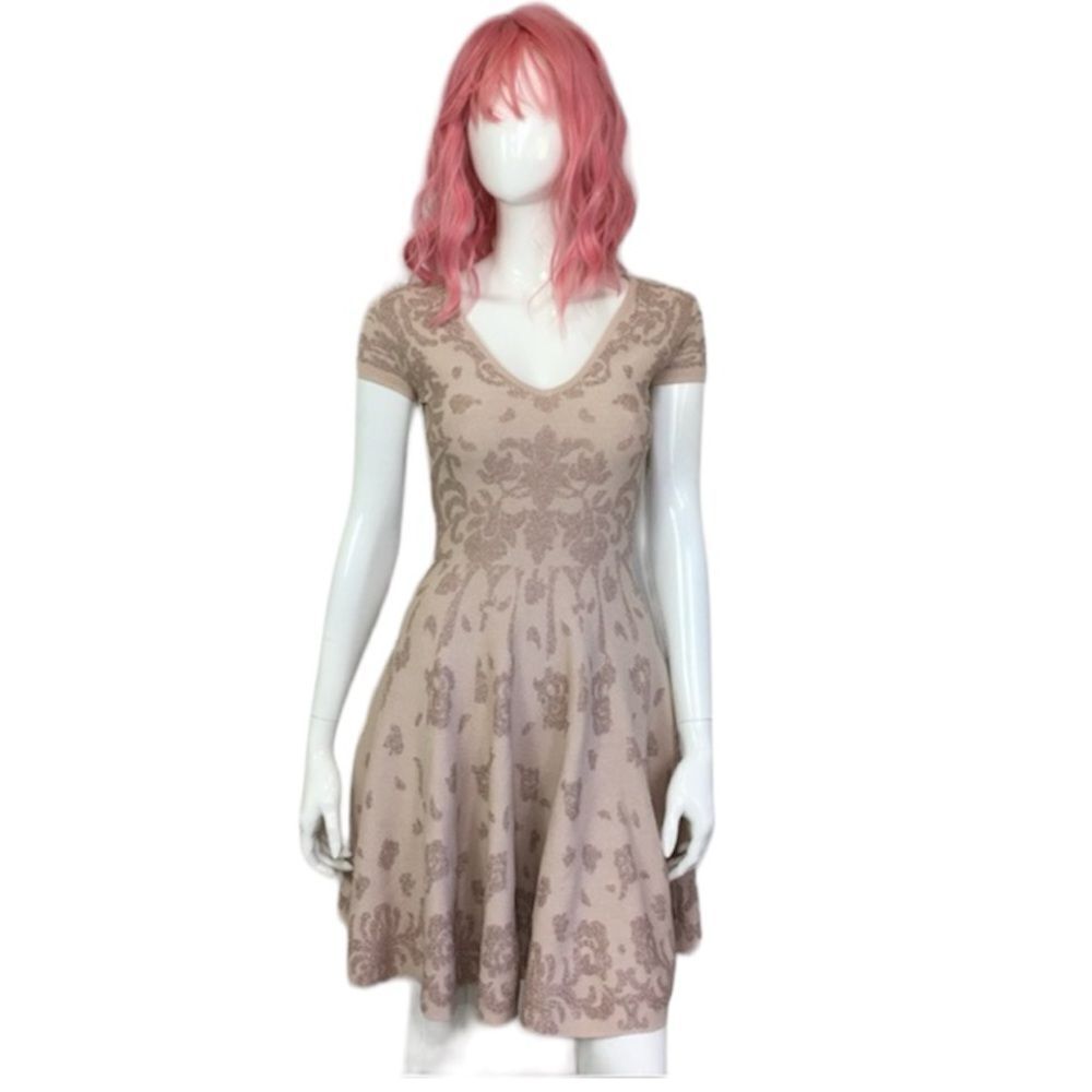 Marchesa Notte Blush Glitter Floral Print V-Neck Short Sleeve Knit Mini Dress